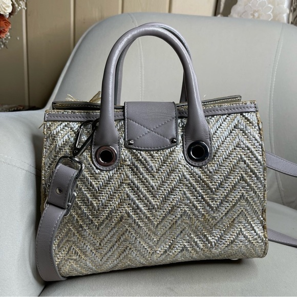 JIMMY CHOO 2WAY Shoulder Handbag light Metallic Woven & Raffia Leather Taupe - Picture 4 of 8